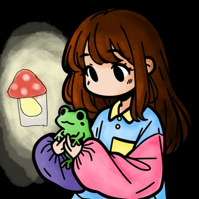 girl with long hair and a oversized shirt. and she is holding a frog