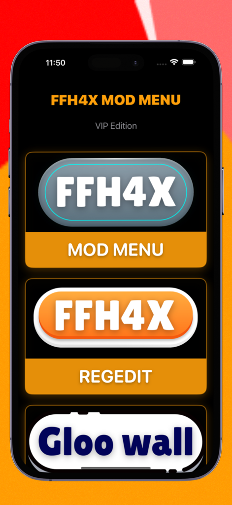 Regedit ffh4x vip mod menu - Interface of the Regedit FFH4X VIP Mod Menu app showing optimization options for Mod Menu Regedit and Gloo Wall