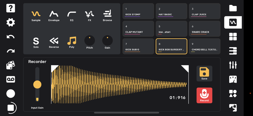 Flip Sampler - Flip Sampler app interface showing the recorder screen with waveform display and drum pads for music production.