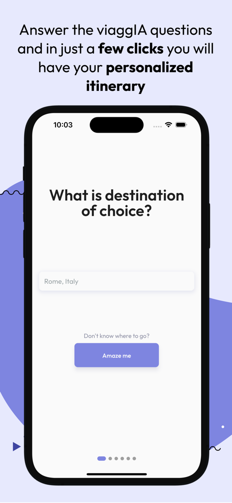 viaggIA 앱 인터페이스로 맞춤형 일정을 위한 목적지 선택 화면을 보여줍니다.