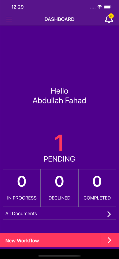SAYEN app dashboard interface showing document status counters for pending and completed tasks