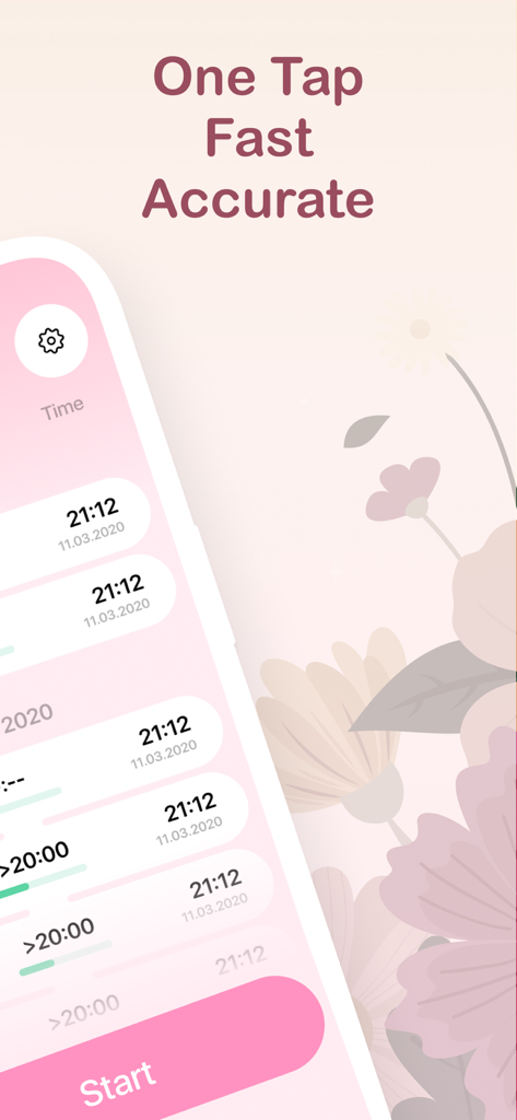 Interface of the Contraction Timer plus app showing a list of recorded contraction times and a pink start button