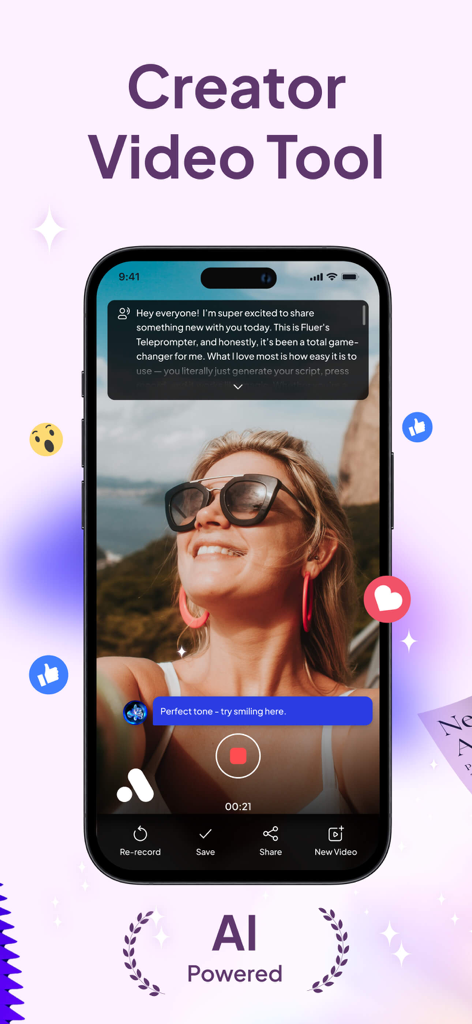 Smartphone screen displaying the Fluer creator video tool with an AI teleprompter and real-time script feedback.