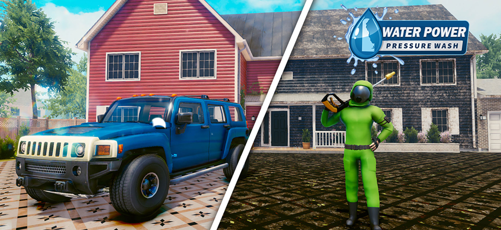Power Wash Car Cleaning Games - Character in a green cleaning suit with a power washer next to a blue SUV and a suburban house