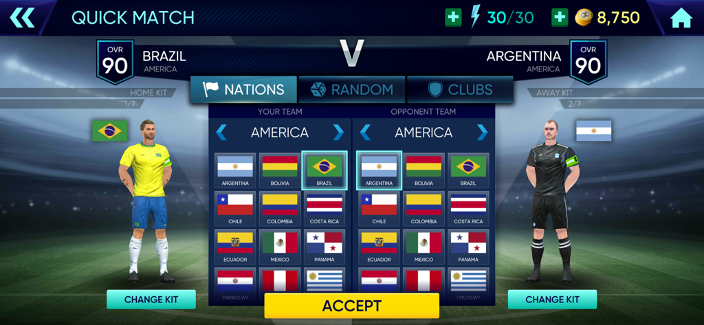 Pantalla de partido rápido de Soccer Cup 2025 con selección de equipos de Brasil y Argentina.