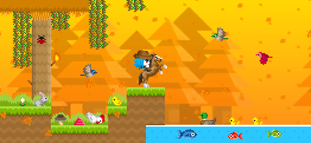 BOKU BOKU - Pixel-Art-Charakter mit blauen Haaren auf einem Pferd in einem bunten Herbstwald mit Tieren und Fischen