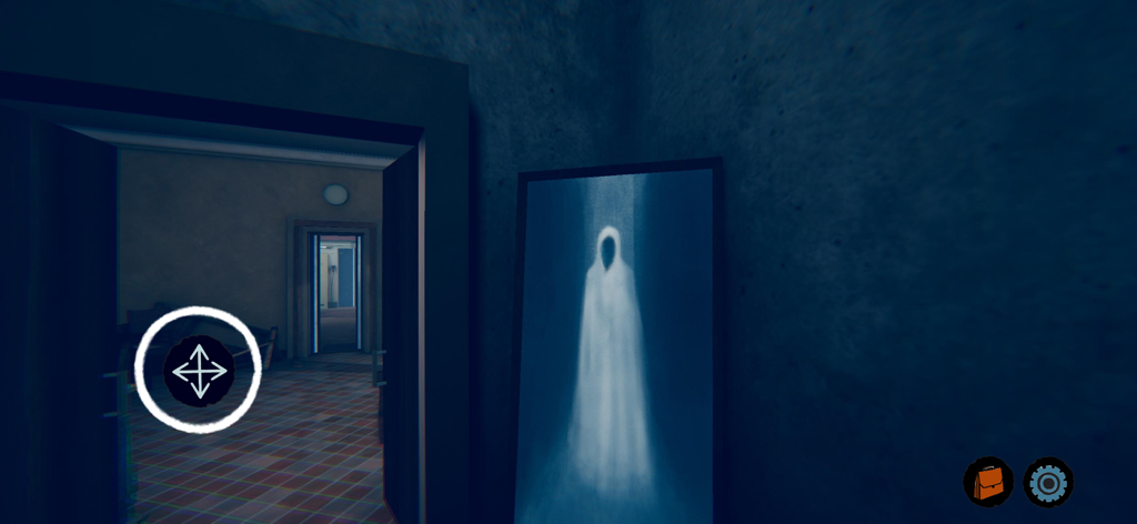 First-person view of a dark room with a ghostly hooded figure painting in Only You Are Here