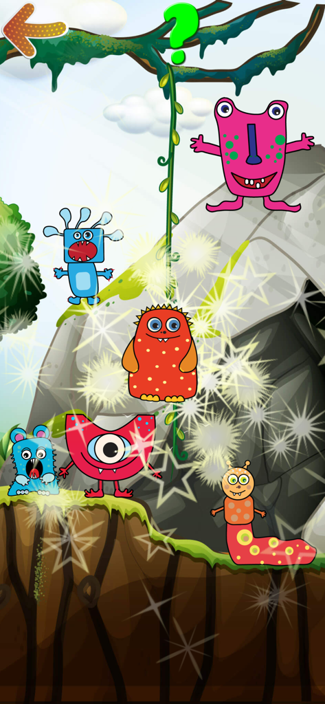 Toddler Monster Pop - Un grupo de monstruos amigables y coloridos en un entorno de jungla con efectos de estrellas brillantes.