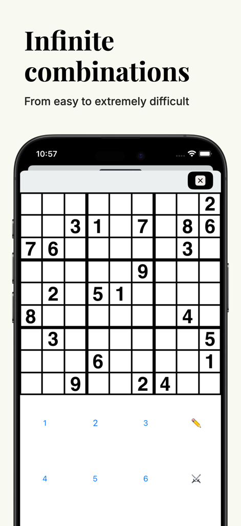 Sudoku logic puzzle interface in the Brain Booster Pro app with infinite game combinations.