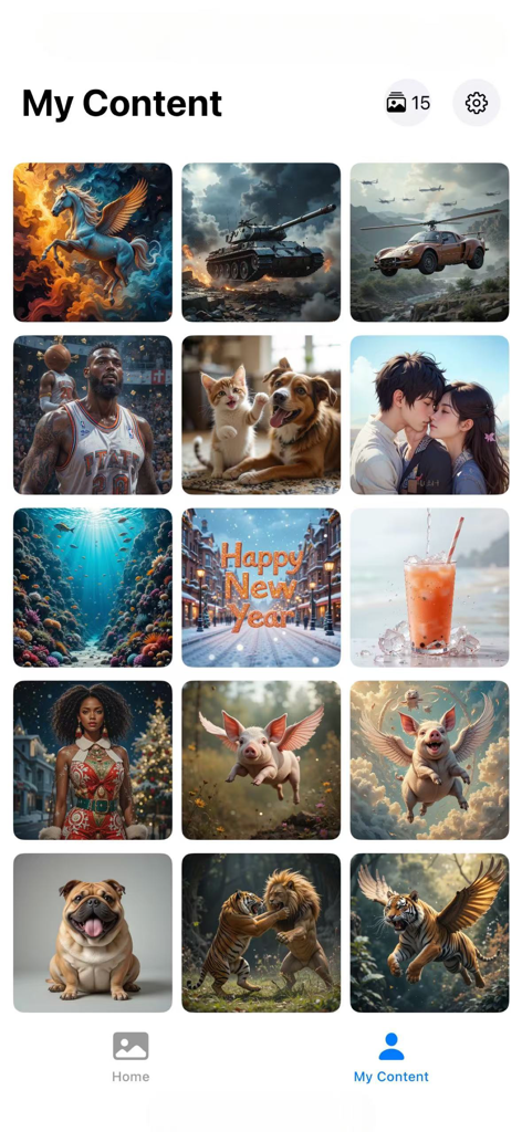 Hedra image generator ai - A mobile screen showing the My Content gallery in Hedra AI app with a grid of various AI generated images including animals vehicles and characters
