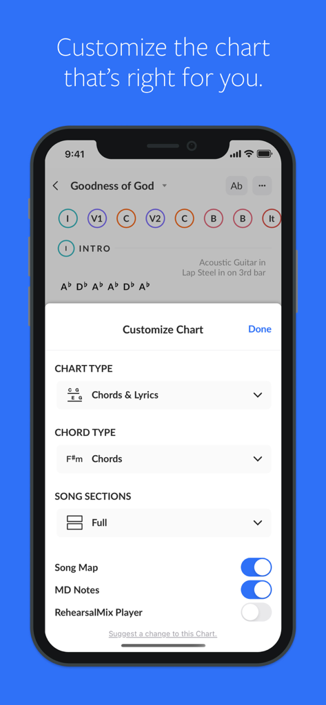 MultiTracks.com ChartBuilder - Customize chart menu in MultiTracks.com ChartBuilder app on iPhone