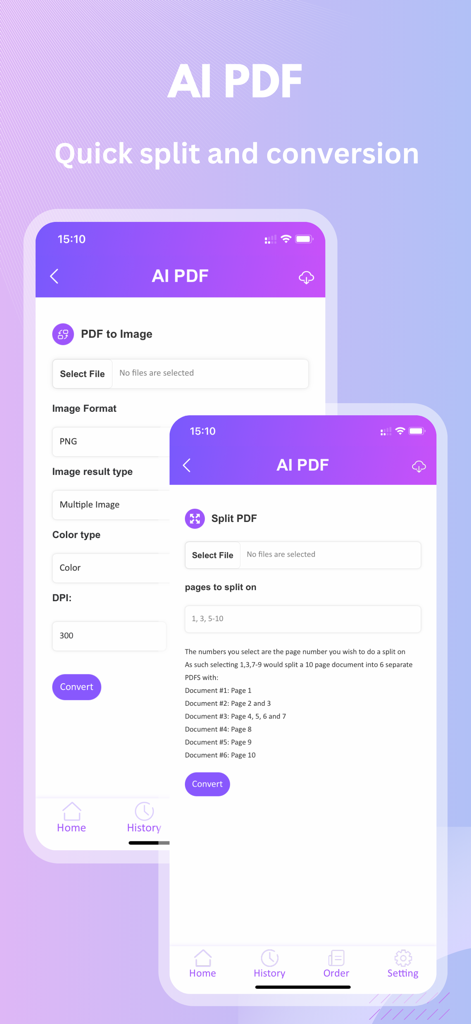 Screenshot der Smallppt App mit KI-PDF-Werkzeugen zum Aufteilen und Konvertieren von Dokumenten.