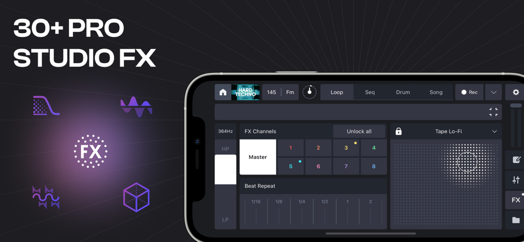 Remixlive - Make Music & Beats - 비트 반복 및 테이프 로파이 컨트롤과 함께 프로 스튜디오 FX를 강조하는 스마트폰의 Remixlive 앱 인터페이스.