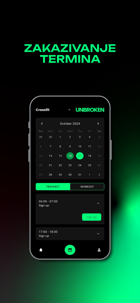 Unbroken.mne - CrossFit class booking screen in the Unbroken.mne fitness app