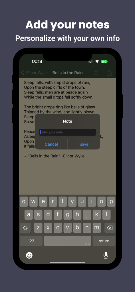 Une capture d'écran de l'application Poèmes montrant un poème d'Elinor Wylie avec une fenêtre pop-up pour ajouter des notes personnelles.