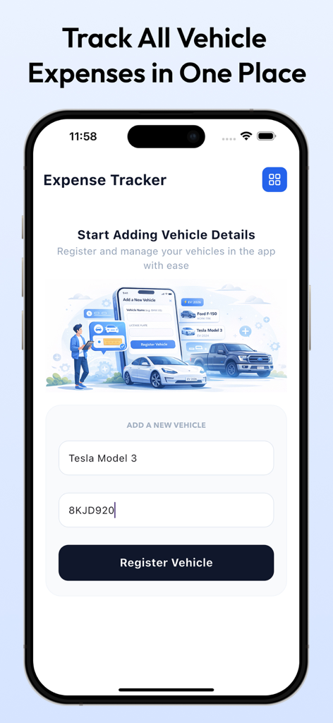 Vehicle Expense Tracker - Interface of the Vehicle Expense Tracker app showing the screen to register a new vehicle with inputs for vehicle name and license plate