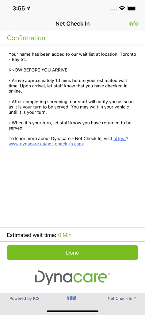Pantalla de confirmación de la aplicación móvil Dynacare que muestra un check-in exitoso con instrucciones de llegada y tiempo de espera estimado.
