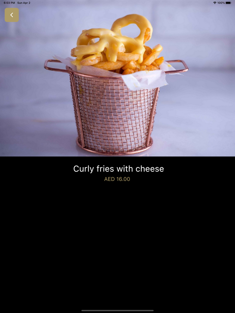 My Menu X - High quality photo of curly fries with melted cheese on a digital restaurant menu interface