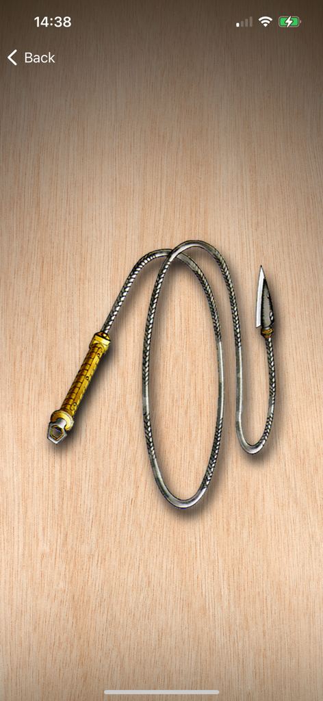 A virtual metallic chain whip with a golden handle in the Pocket Whip app