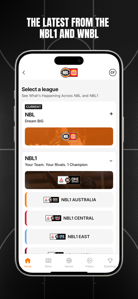 NBL1 - The NBL1 mobile app interface showing a menu to select between the NBL and various NBL1 regional basketball leagues.