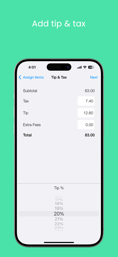 Forkit app interface for adding tip and tax to a restaurant bill with a percentage picker