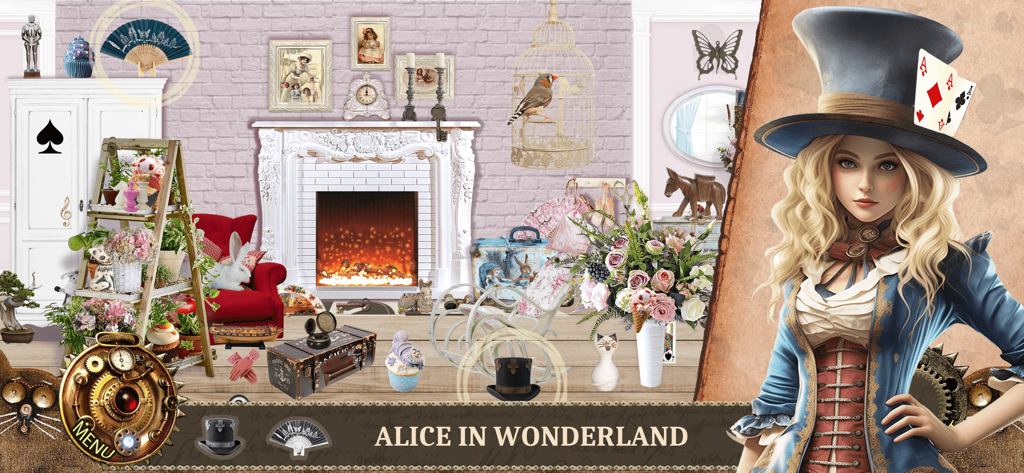 Alice im Wunderland Wimmelbildspiel-Szene mit einem gemütlichen Zimmer und einer weiblichen Verrückten Hutmacherin