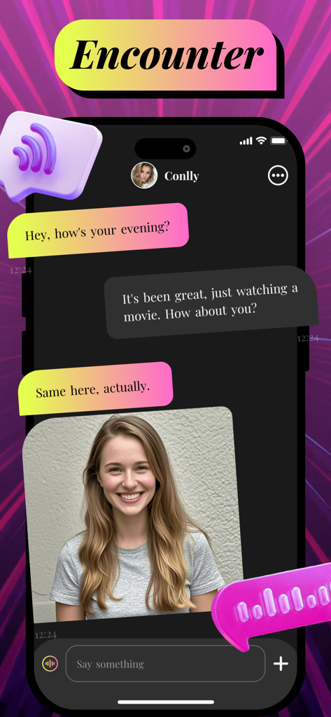 Salas：Video Chat & Meet - Uma captura de tela do aplicativo Salas mostrando uma interface de bate-papo com um usuário chamado Conlly e uma foto de uma mulher sorrindo sob o título Encontro