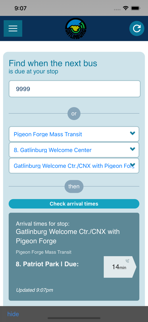 Gatlinburg Trolleys - Gatlinburg Trolleys app interface showing real time bus arrival information