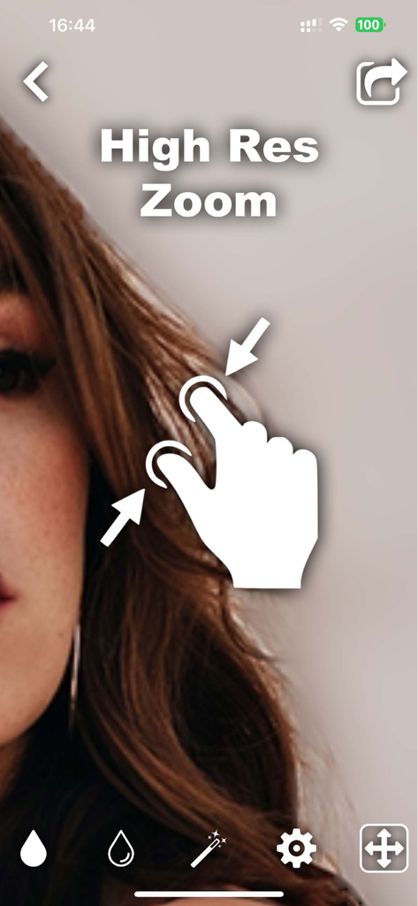 Screenshot of Blurr app showing high resolution zoom functionality for detailed photo editing