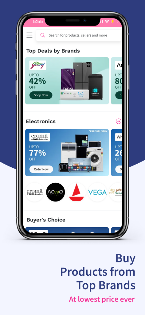 Mystore shopping app interface showing top brand deals and electronics discounts