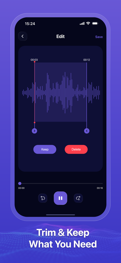 Audacity Audio Record app interface showing the trim and edit feature with an audio waveform selection.
