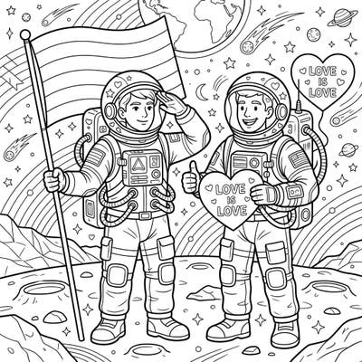 Embark on an inspiring coloring journey with our Astronaut Commanders as they celebrate Pride Month across the galaxy. This unique design beautifully merges space exploration with messages of love and diversity.