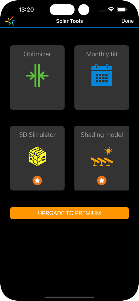Menú de Herramientas Solares en la aplicación My Solar Panel que muestra opciones para optimizador, inclinación mensual, simulador 3D y modelo de sombreado