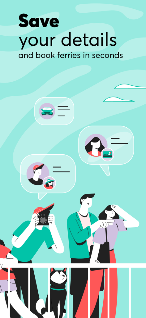 Ferryhopper - Gráfico que muestra viajeros en la cubierta de un ferry con iconos que representan detalles de pasajeros y vehículos guardados para una reserva rápida