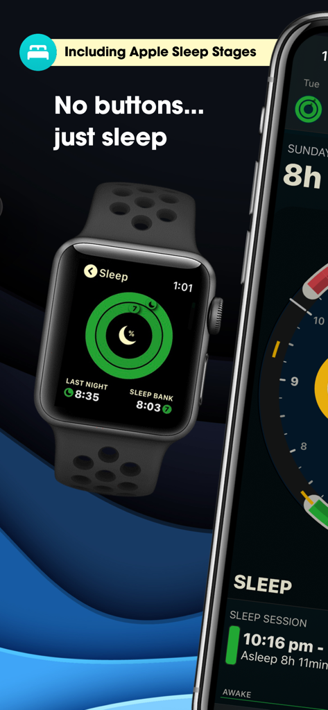AutoSleep app interface on Apple Watch and iPhone showing sleep rings and automatic sleep tracking data