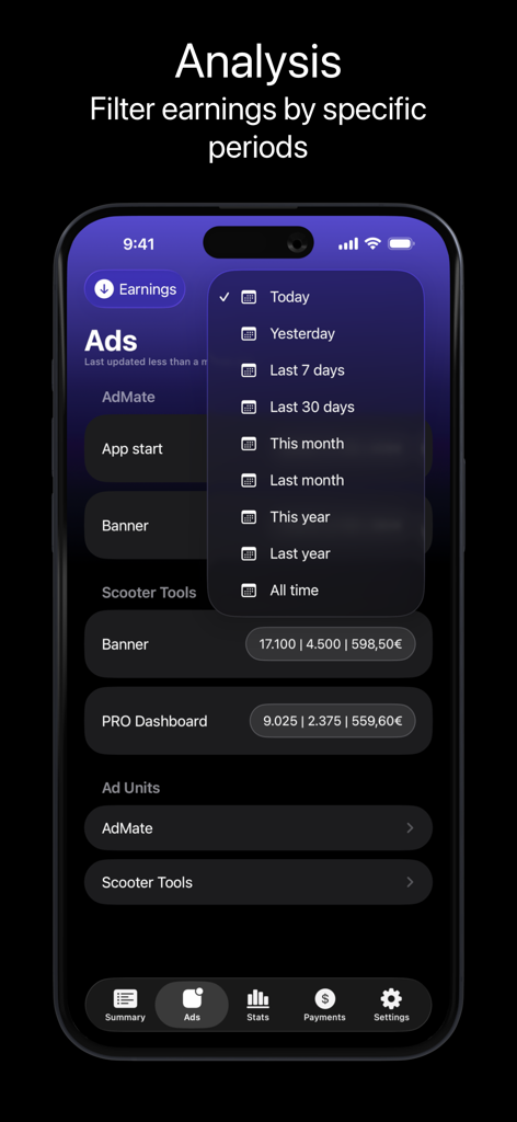 iPhone의 AdMate 앱 인터페이스로 여러 기간별 광고 수입을 필터링하는 메뉴를 표시합니다.
