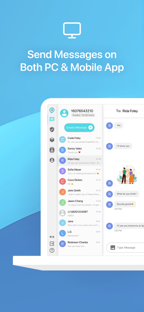 Interfaz de la aplicación PingMe que muestra mensajes sincronizados entre PC y dispositivos móviles