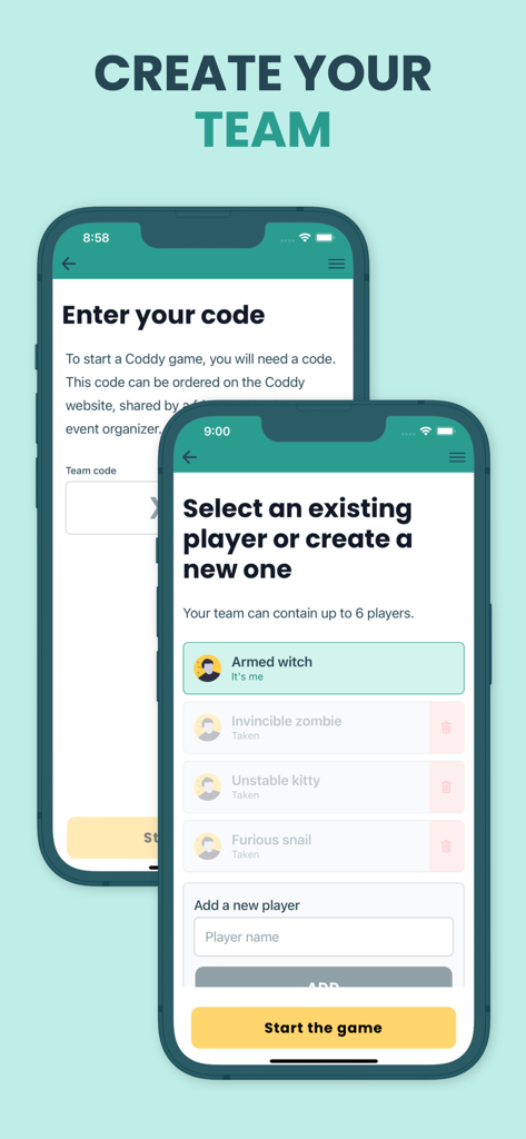 Coddy - Écrans de l'application Coddy montrant comment entrer un code de jeu et sélectionner ou créer des membres d'équipe pour un jeu d'évasion urbain.