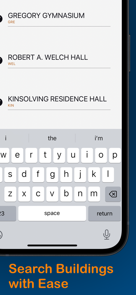 CampusNav - College Navigation - Mobile app screen showing a search bar and list of college buildings for navigation