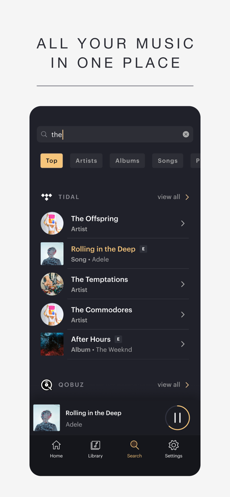 Search interface of the Bowers and Wilkins Music app displaying integrated results from Tidal and Qobuz services.