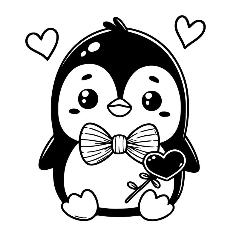 cute penguin with bow tie holding heart