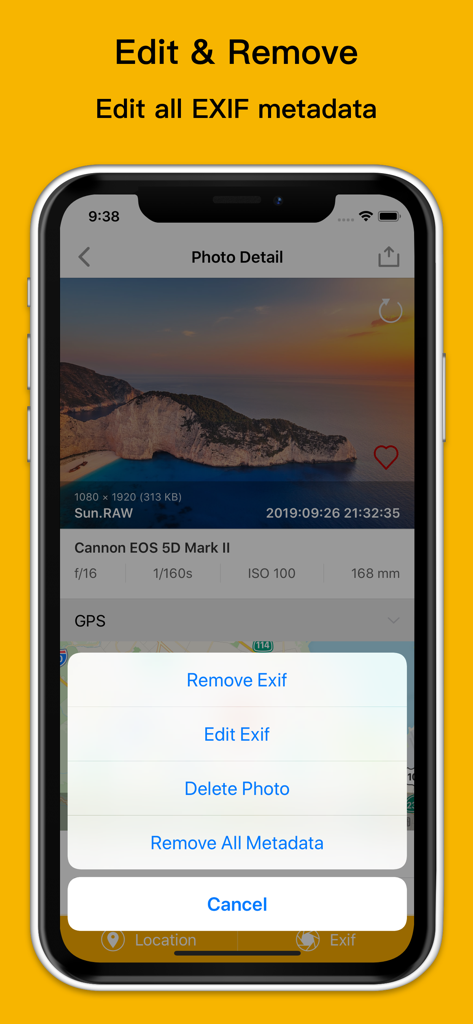Exif Viewer app interface displaying photo details and a menu to edit or remove metadata