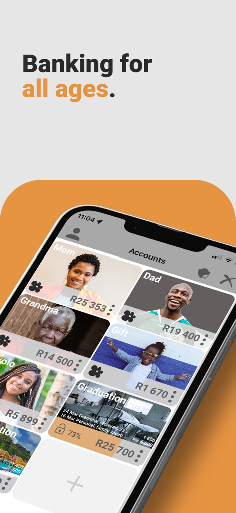 iPhone screen showing Bank Zero app interface with multiple linked family account tiles for Mom Dad and Grandma under the headline Banking for all ages