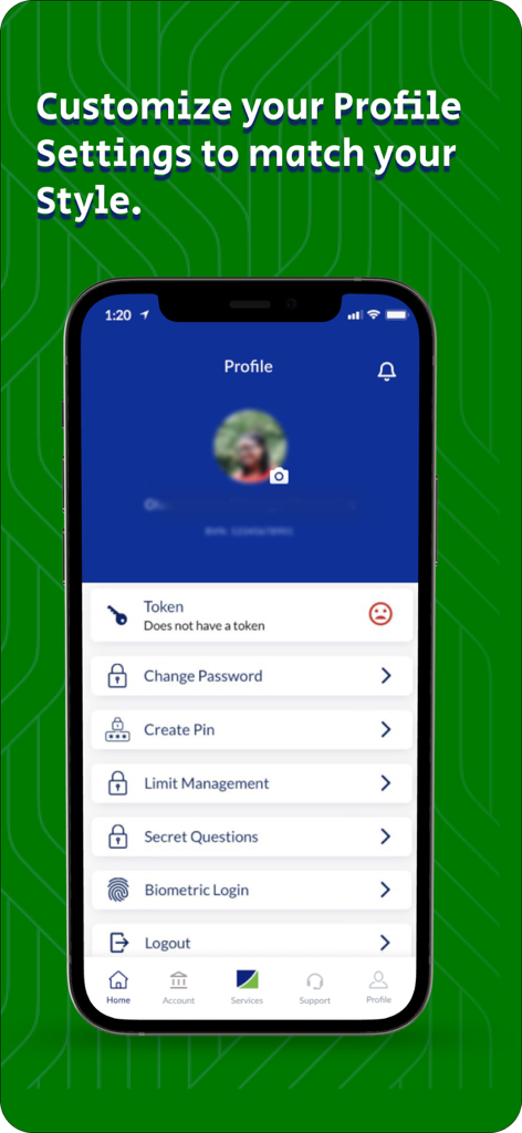 Fidelity Online Banking - Fidelity Online Banking app profile screen showing account security and personalization settings.