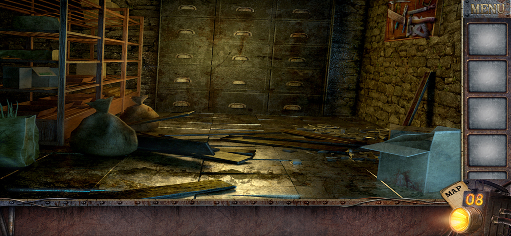 A dark and gritty prison storage room with stone walls and scattered items in the Room Escape Prison Break puzzle game