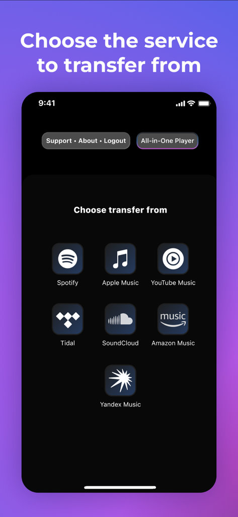 Transfer Music - 음악 이전 앱의 인터페이스에 Spotify Apple Music 및 Tidal을 포함한 이전할 지원 음악 스트리밍 서비스 목록이 표시됨