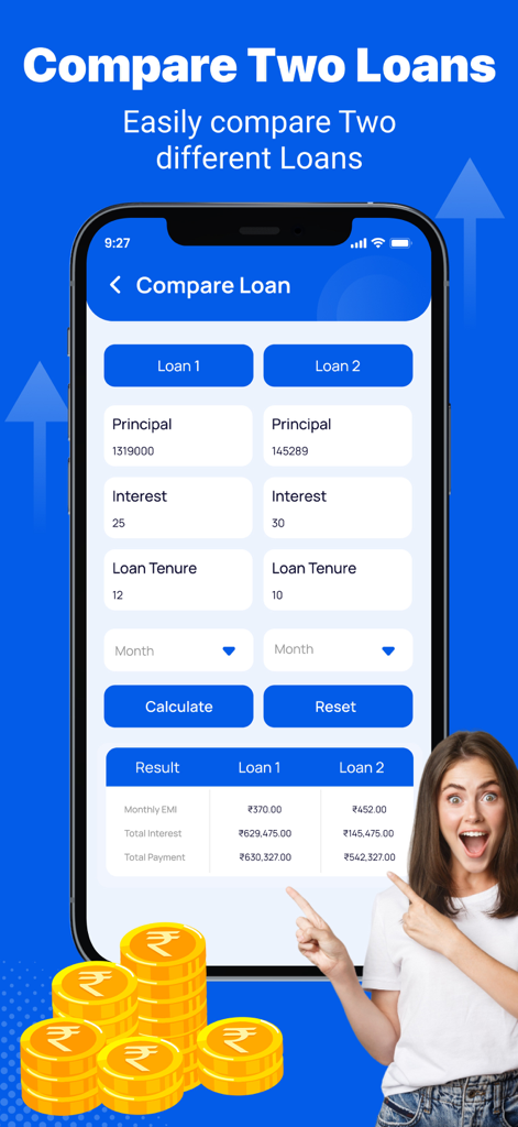 A mobile app screen showing a loan comparison tool that calculates monthly EMI and total interest for two different loan options.