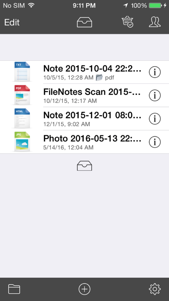 File Notes - Annotate - Document management screen in File Notes app showing a list of files including PDF, TXT, and images.