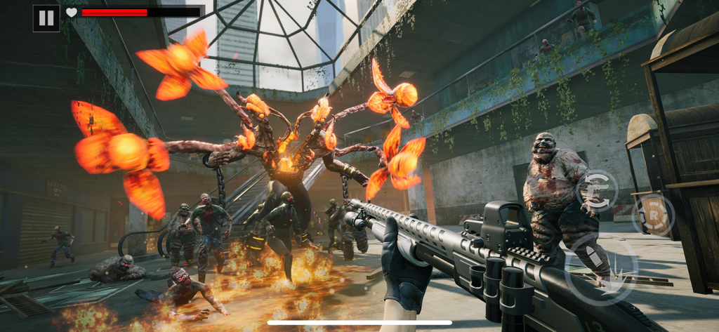 Zombie Fire 3D: Offline Game - First-person shooter gameplay showing a shotgun aiming at a giant mutated zombie boss in a shopping mall