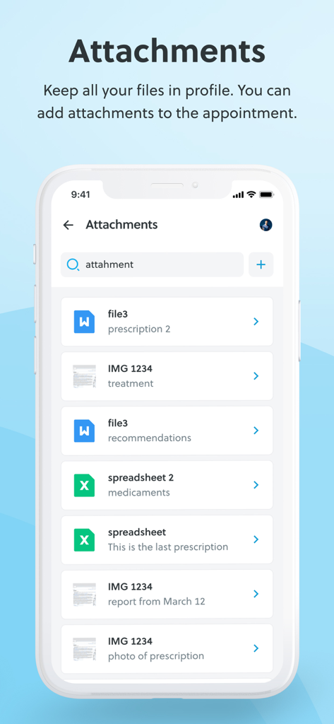 Doctori mobile app screen showing a list of uploaded medical documents and prescriptions